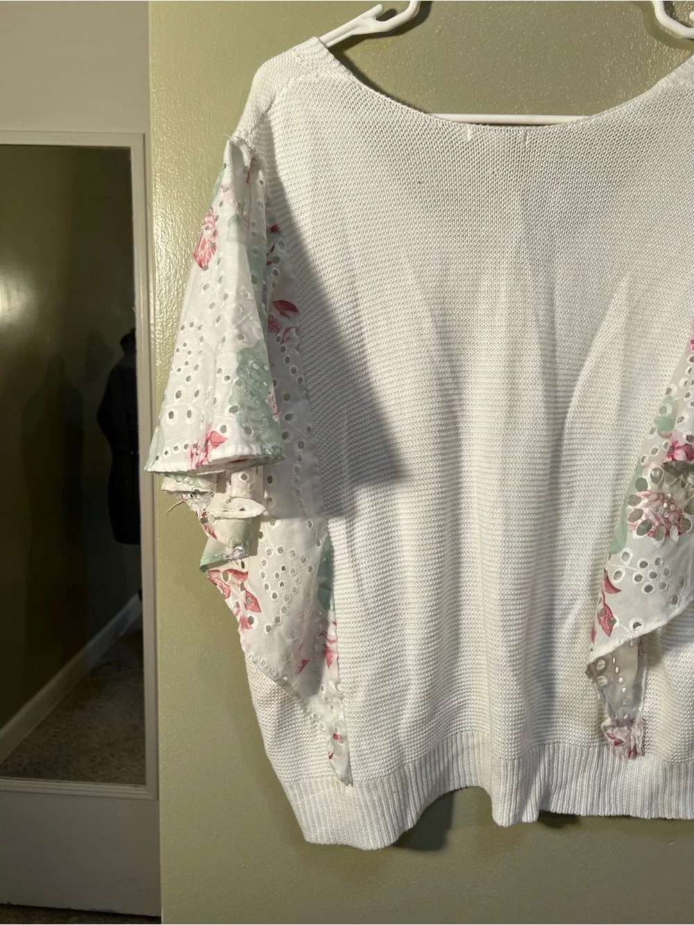 Cato Women’s Plus Sz 22/24 Sweater V-Neck Short Flutter Sleeve White Pink Eyelet